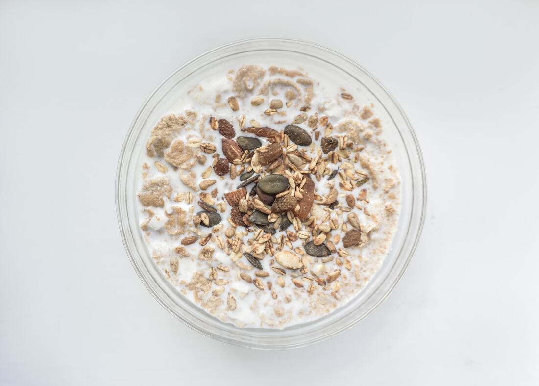 March's featured commodity is oats! Image: Oats in milk with seeds and nuts